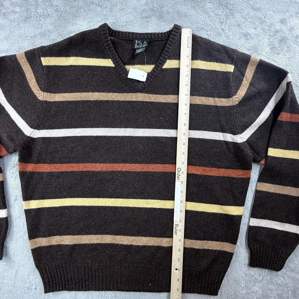 Jos A Bank Sweater Mens Large Brown V Neck Lambswool Striped Knit Pullover New - Picture 8 of 14